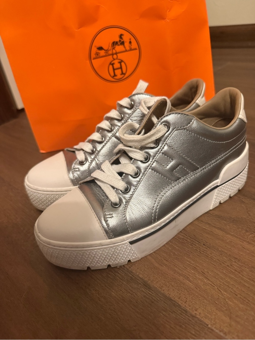 Hermes Silver and White Leather Platform Sneakers - Picture 3 of 8